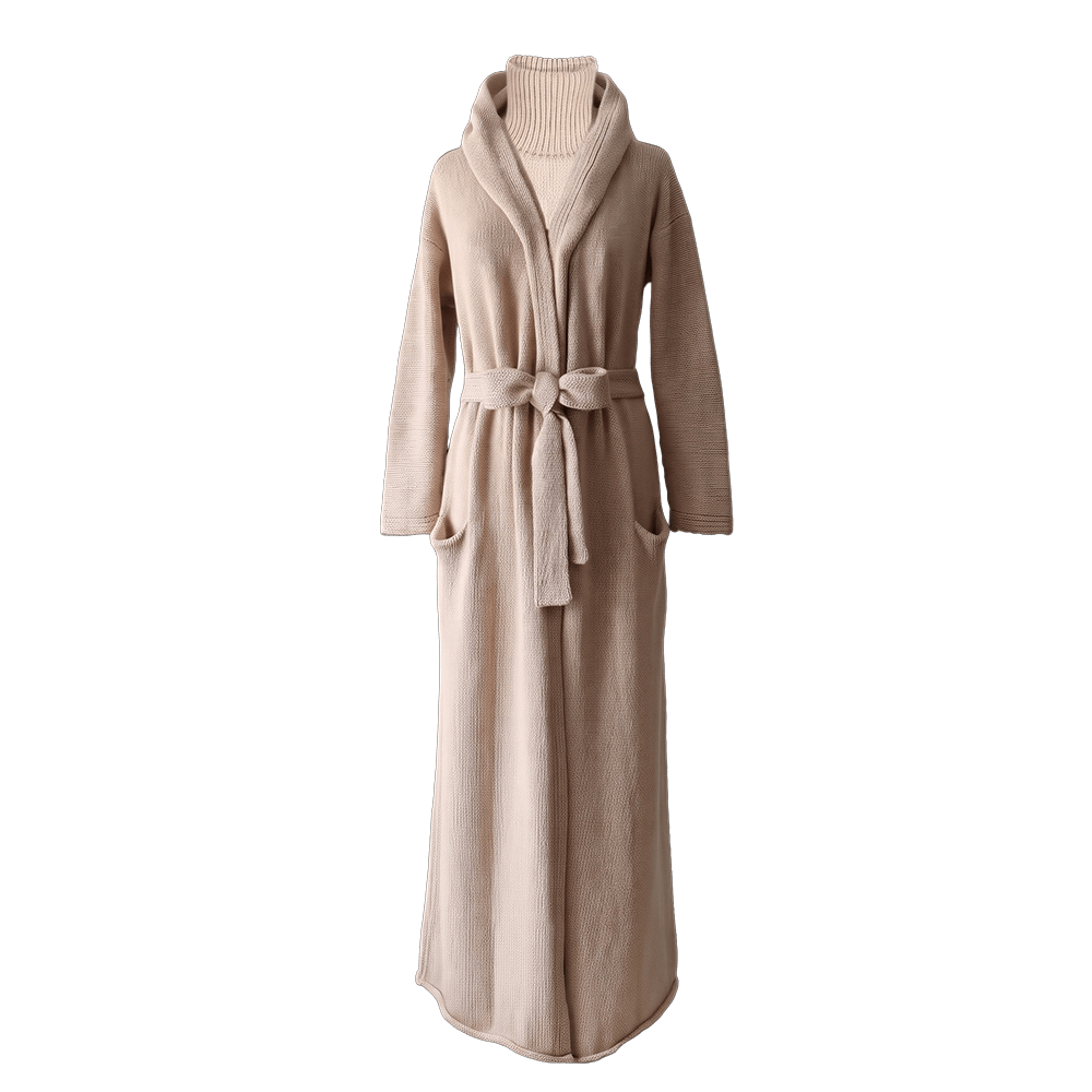 PFL knitwear.com Capote Coat / Cardi-Coat | Royal Alpaca | Hooded / Non-Hooded Open Sweater Coat with Shawl collar and Belt | beige