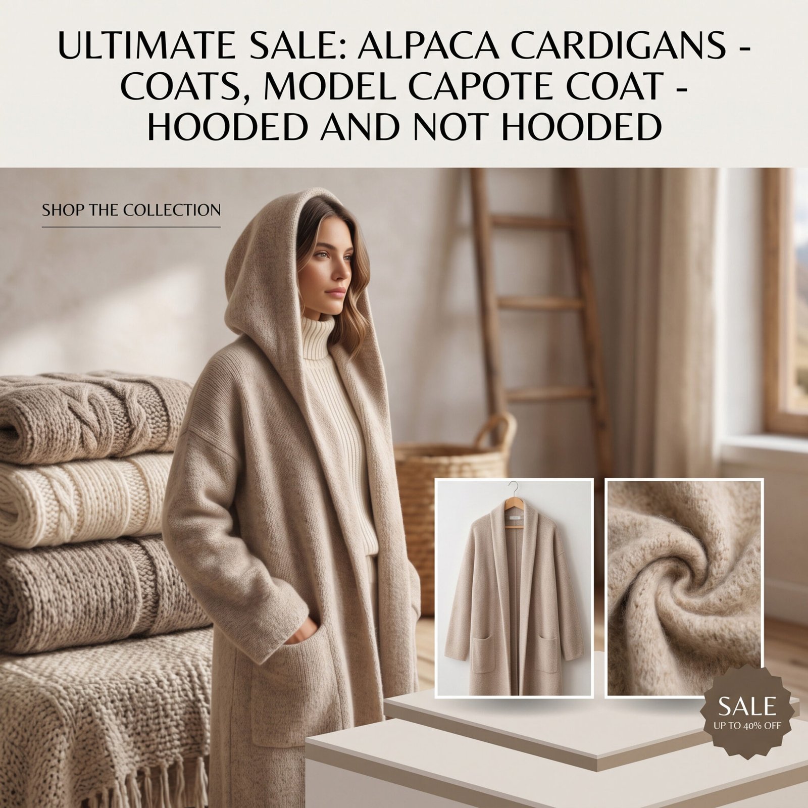 PFL knitwear Ultimate Sale: Alpaca Cardigan - Coats model capote, (NOT-) Hooded. made in Peru