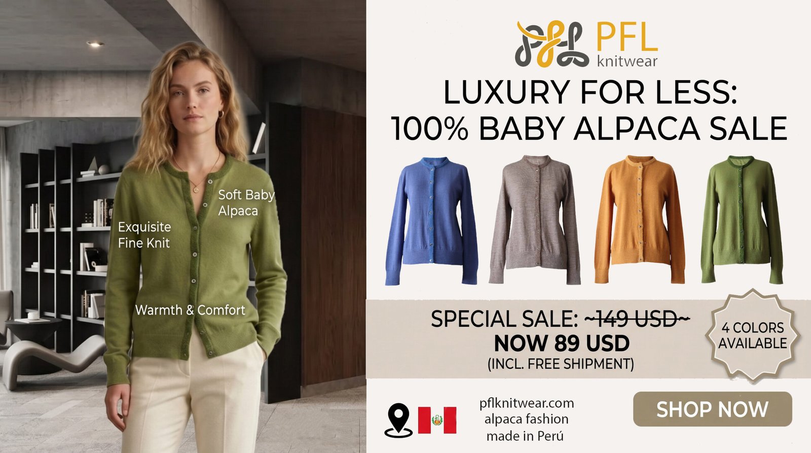 PFLknitwear .com Cardigan baby alpaca, vest with button closure and crew neck made in Peru