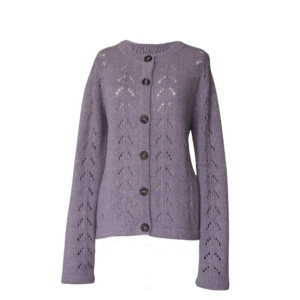 Cardigan baby alpaca, vest with button closure with knitted-in pattern, color Lilac. made in peru by PFL knitwear.