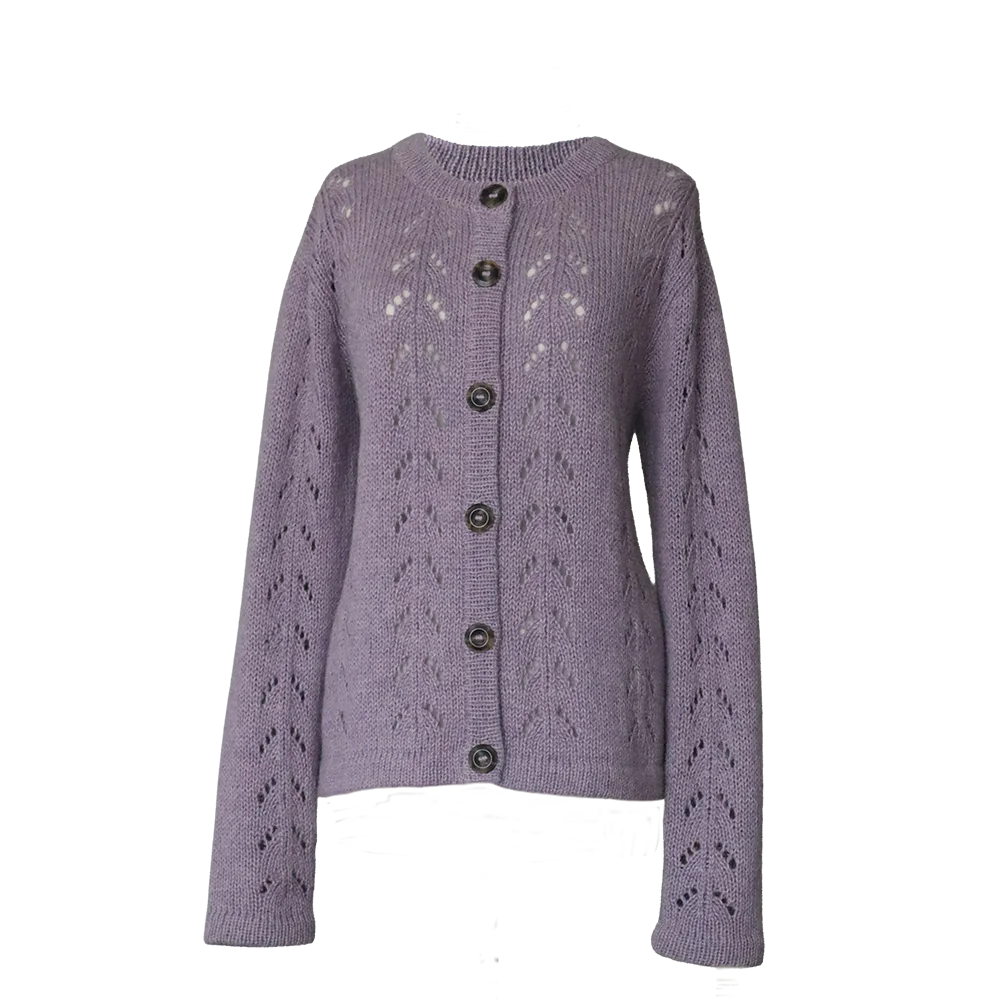 Cardigan baby alpaca, vest with button closure with knitted-in pattern, color Lilac. made in peru by PFL knitwear. Cardigan baby alpaca, vest with button closure with knitted-in pattern, color Lilac. made in peru by PFL knitwear.