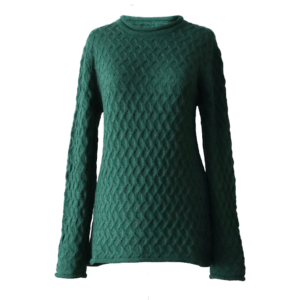 PFLknitwear.com Alpaca Sweater, Knitted Pullover with cable pattern, crew neck and Roll Edges, color Green made in Peru