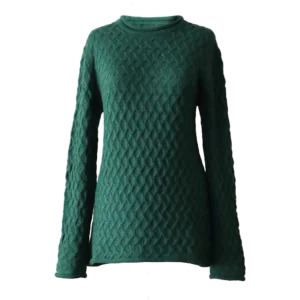 PFLknitwear.com Alpaca Sweater, Knitted Pullover with cable pattern, crew neck and Roll Edges, color Green made in Peru