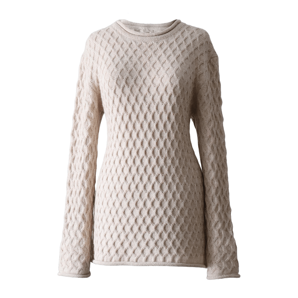 PFLknitwear.com Alpaca Sweater, Knitted Pullover with cable pattern, crew neck and Roll Edges, color Oatmeal PFLknitwear.com Alpaca Sweater, Knitted Pullover with cable pattern, crew neck and Roll Edges, color Oatmeal