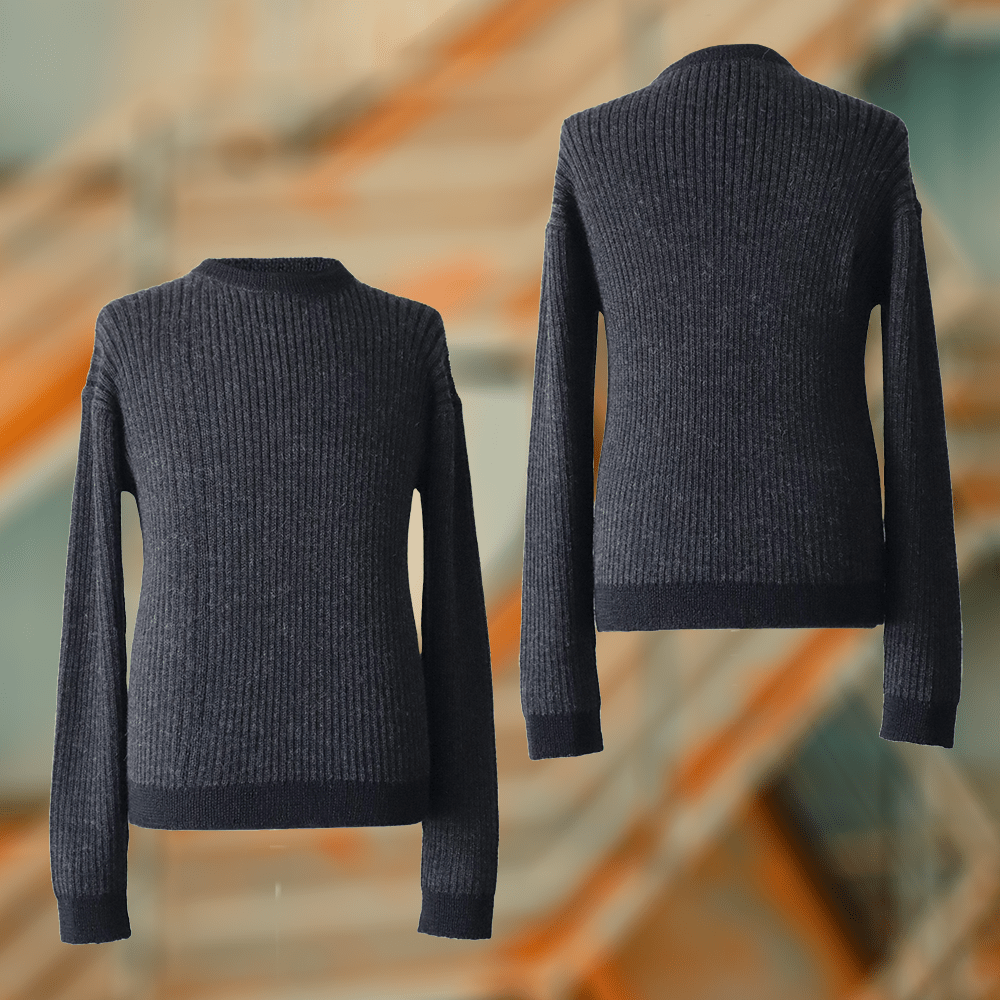 PFLknitwear Unisex Ribbed Baby Alpaca Sweater Handcrafted with Crew Neck, color Black - Gray made in Peru