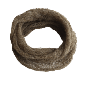 PFLknitwear.com Circle scarf 100% baby alpaca, soft hand knitted open structure, color green melange made in Peru