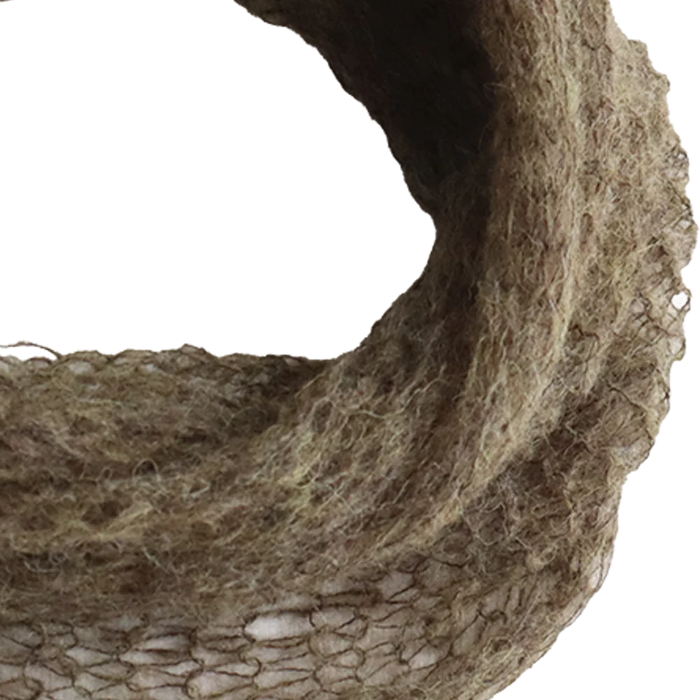 PFLknitwear.com Circle scarf 100% baby alpaca, soft hand knitted open structure, color green melange made in Peru PFLknitwear.com Circle scarf 100% baby alpaca, soft hand knitted open structure, color green melange made in Peru
