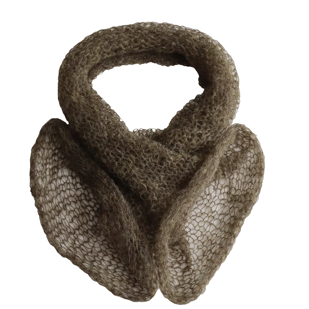 PFLknitwear.com Circle scarf 100% baby alpaca, soft hand knitted open structure, color green melange made in Peru PFLknitwear.com Circle scarf 100% baby alpaca, soft hand knitted open structure, color green melange made in Peru