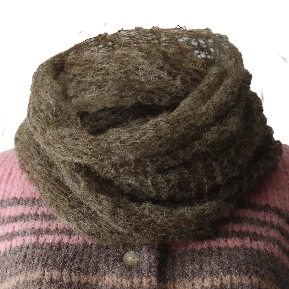 PFLknitwear.com Circle scarf 100% baby alpaca, soft hand knitted open structure, color green melange made in Peru PFLknitwear.com Circle scarf 100% baby alpaca, soft hand knitted open structure, color green melange made in Peru