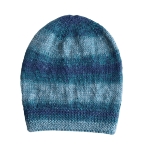 Pflknitwear.com Baby Alpaca Beanie, Hand-Knitted Wool Hat in Blue Turquoise Gray Blend. made in Peru