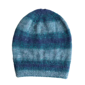 Pflknitwear.com Baby Alpaca Beanie, Hand-Knitted Wool Hat in Blue Turquoise Gray Blend. made in Peru