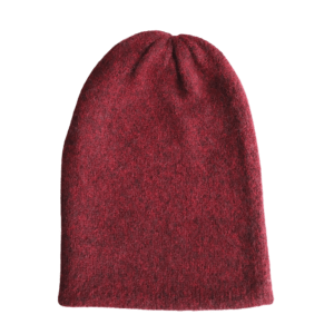 PFL knitwear Felted alpaca beanie hat, color wine red double knitted, also worn as short scarf made in Peru