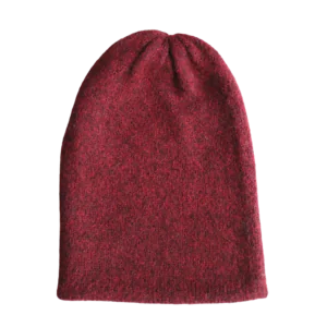 PFL knitwear Felted alpaca beanie hat, color wine red double knitted, also worn as short scarf made in Peru