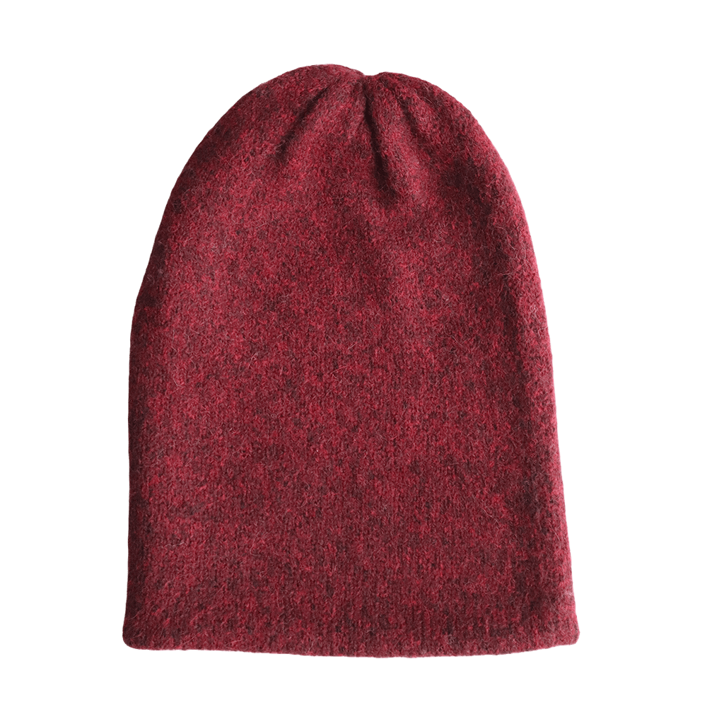 PFL knitwear Felted alpaca beanie hat, color wine red double knitted, also worn as short scarf made in Peru