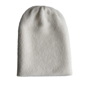 PFL knitwear Felted alpaca beanie hat, color creme light double knitted, also worn as short scarf made in Peru