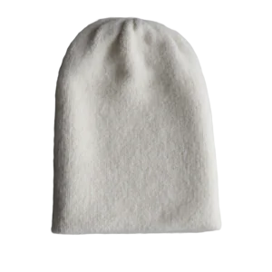 PFL knitwear Felted alpaca beanie hat, color creme light double knitted, also worn as short scarf made in Peru
