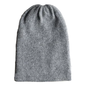 PFL knitwear Felted alpaca beanie hat, color light gray double knitted, also worn as short scarf made in Peru