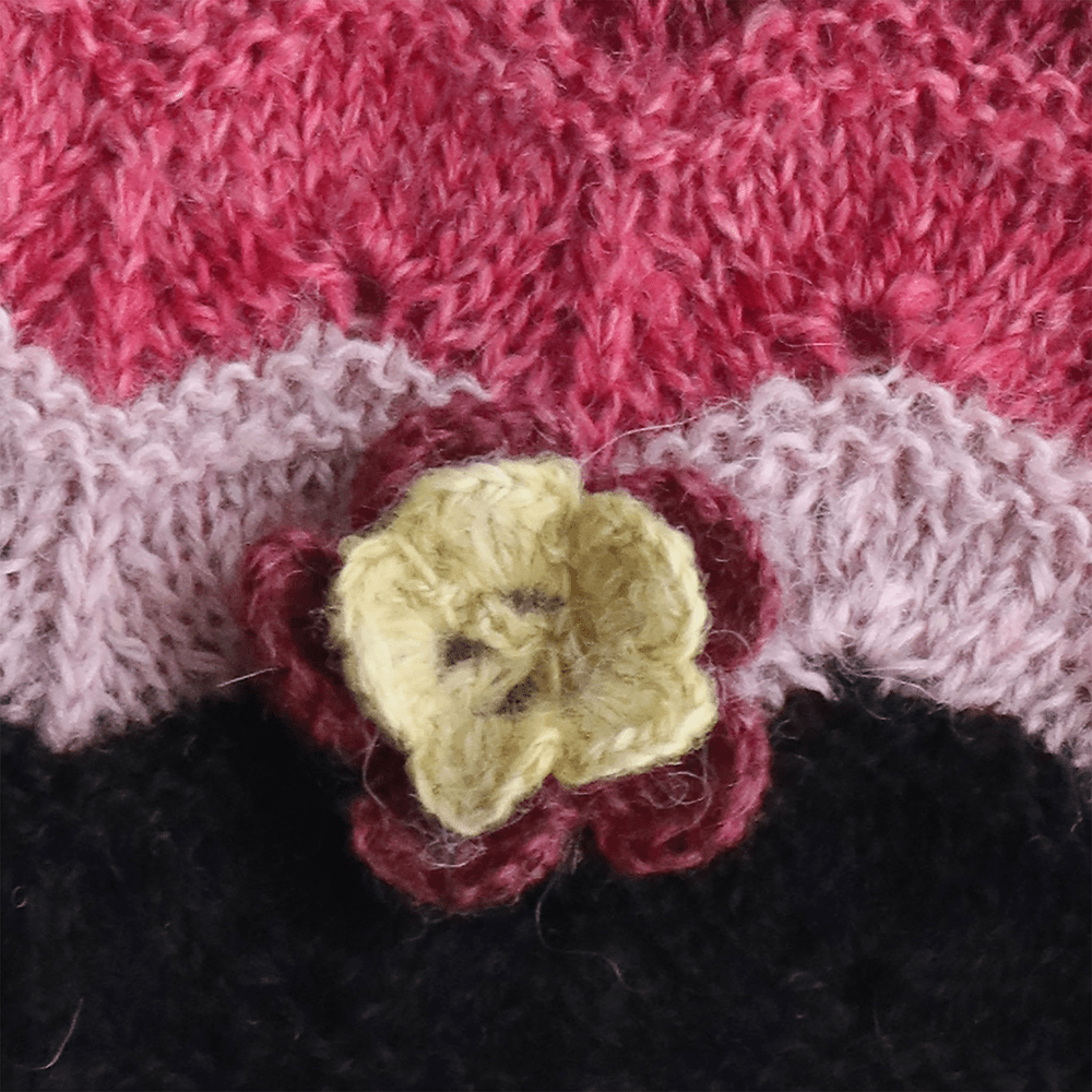 PFLknitwear.com Beanie baby alpaca natural dyed colors with pompom and embroidered flower. Made in Peru
