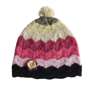PFLknitwear.com Beanie baby alpaca natural dyed colors with pompom and embroidered flower. Made in Peru