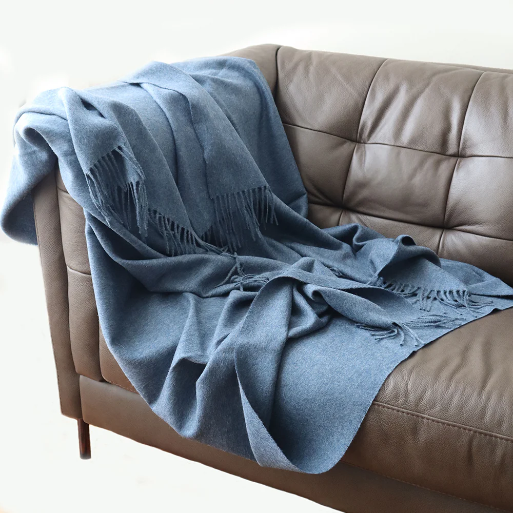 PFLknitwear Throw baby alpaca with fringes, Silky feels cozy blanket color blue made in Peru PFLknitwear Throw baby alpaca with fringes, Silky feels cozy blanket color blue made in Peru