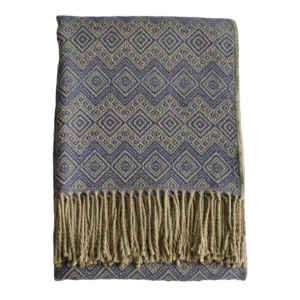 PFLknitwear.com Alpaca Blanket / Throw with fringes yellow/green - blue / gray, alpaca blend throw. made in Peru