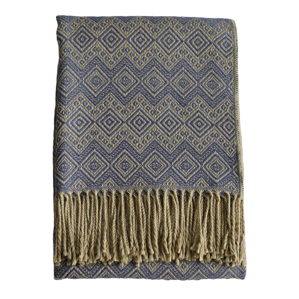 PFLknitwear.com Alpaca Blanket / Throw with fringes yellow/green - blue / gray, alpaca blend throw. made in Peru