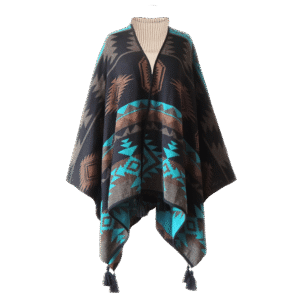 PFLknitwear.com Alpaca ruana wrap, jacquard knitted with pattern, with black tassels. made in Peru