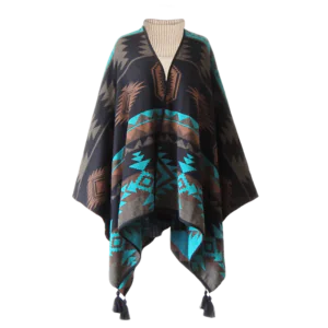 PFLknitwear.com Alpaca ruana wrap, jacquard knitted with pattern, with black tassels. made in Peru