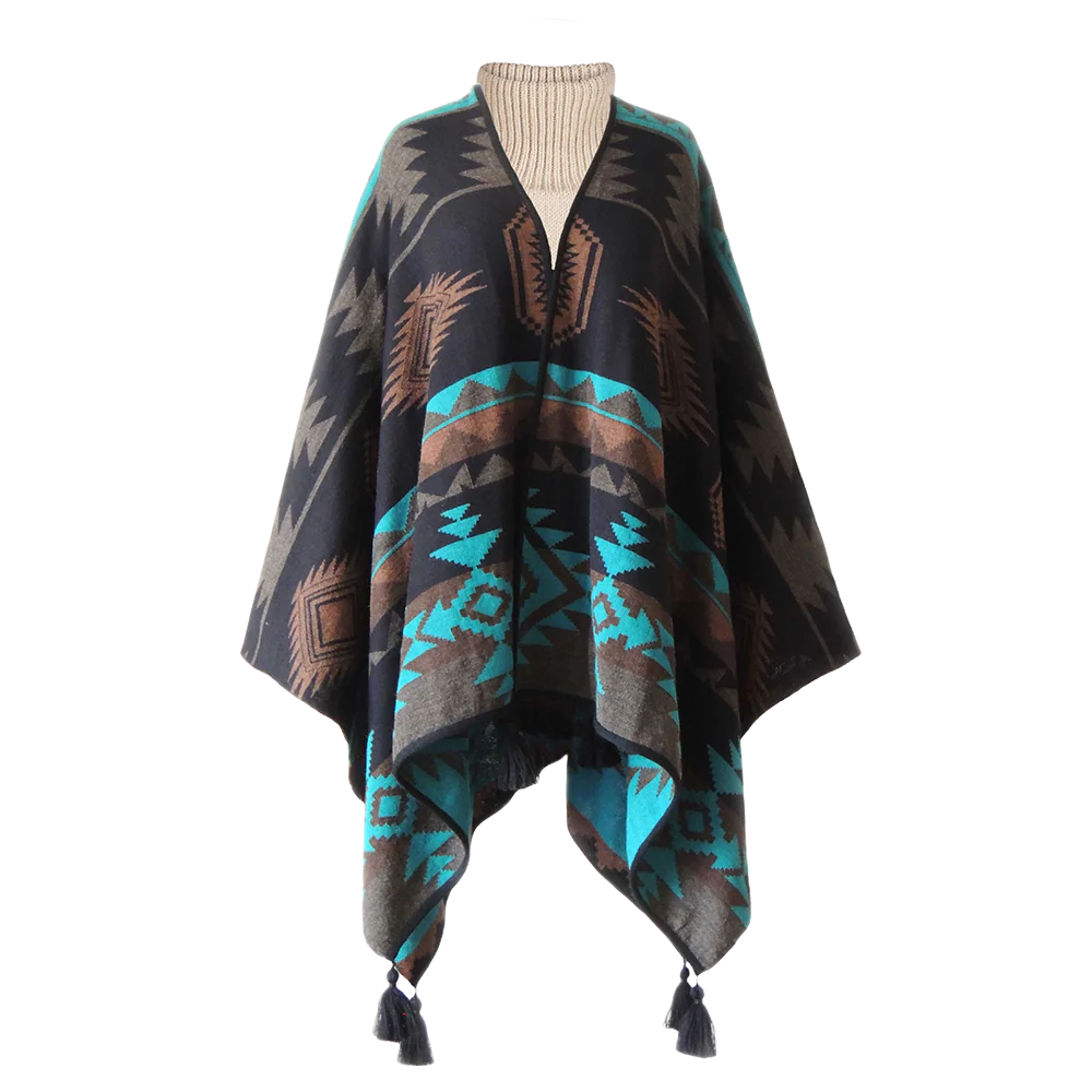 PFLknitwear.com Alpaca ruana wrap, jacquard knitted with pattern, with black tassels. made in Peru PFLknitwear.com Alpaca ruana wrap, jacquard knitted with pattern, with black tassels. made in Peru