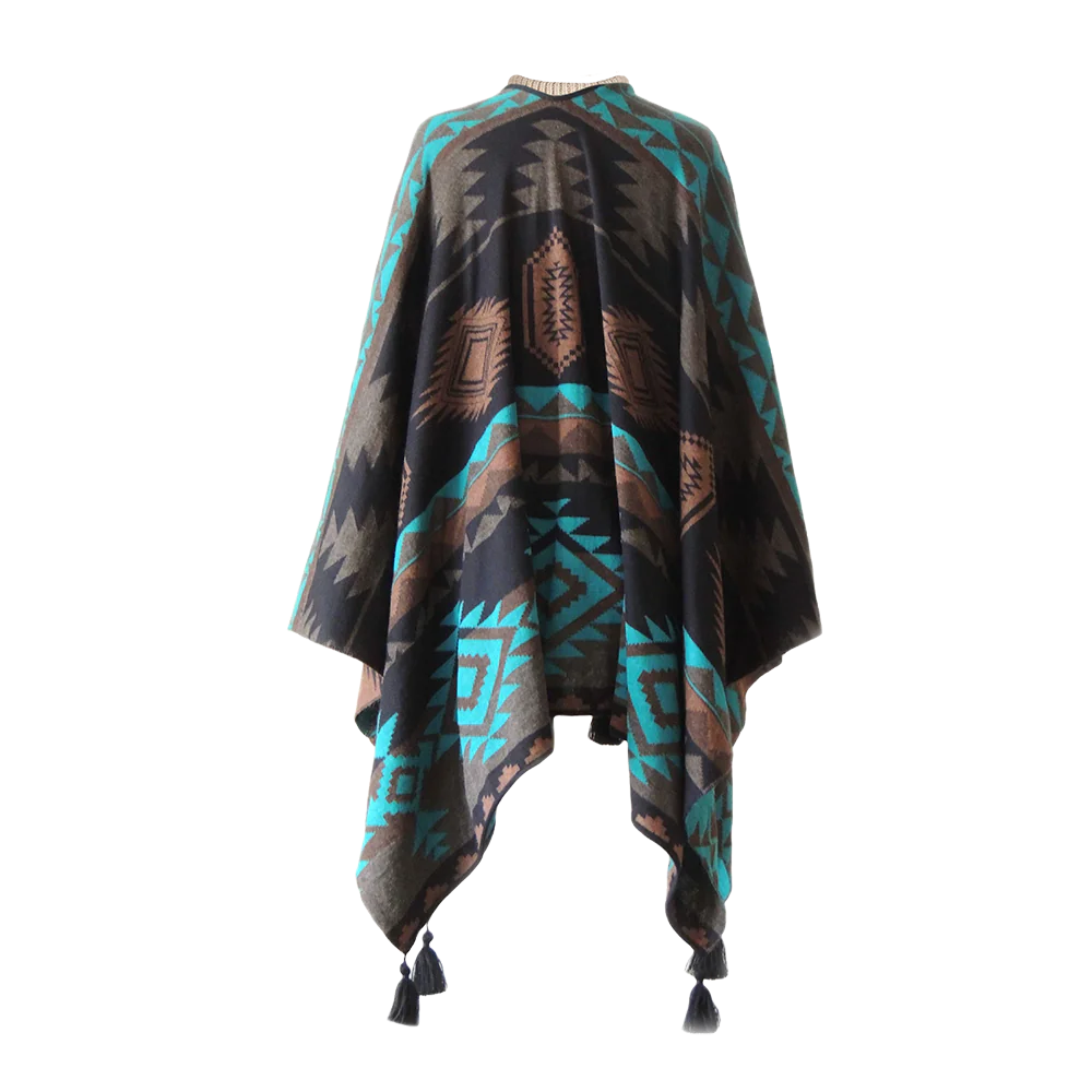 PFLknitwear.com Alpaca ruana wrap, jacquard knitted with pattern, with black tassels. made in Peru PFLknitwear.com Alpaca ruana wrap, jacquard knitted with pattern, with black tassels. made in Peru
