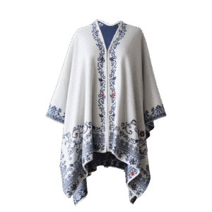 PFLknitwear.com Alpaca wrap reversible, jacquard knitted ruana with hand embroidered details, color white - blue Made in Peru