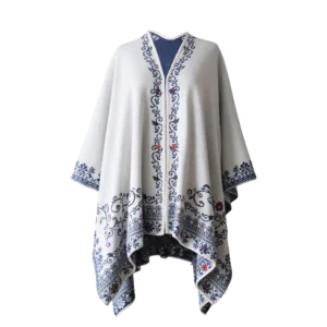 PFLknitwear.com Alpaca wrap reversible, jacquard knitted ruana with hand embroidered details, color white - blue Made in Peru