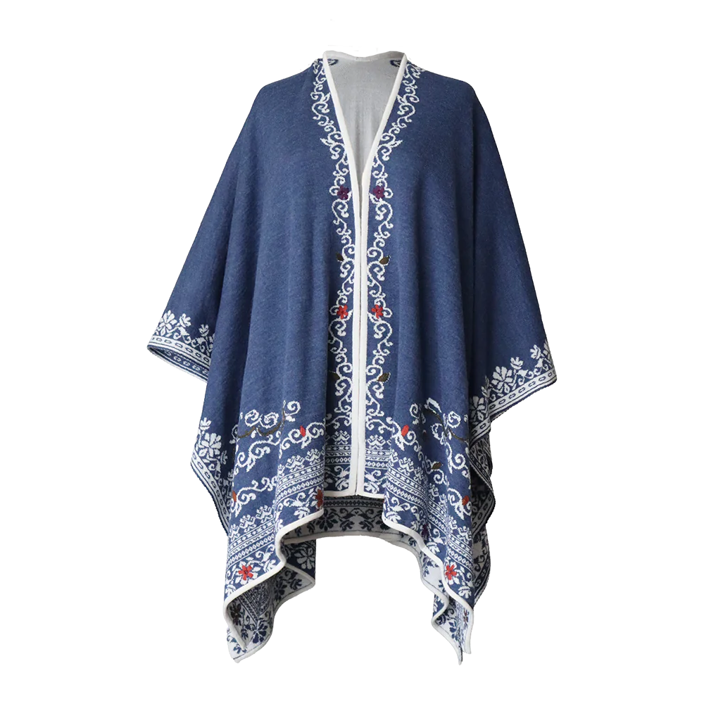 PFLknitwear.com Alpaca wrap reversible, jacquard knitted ruana with hand embroidered details, color white - blue Made in Peru