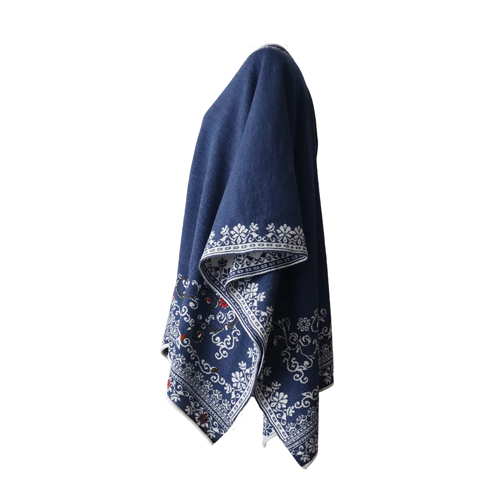 PFLknitwear.com Alpaca wrap reversible, jacquard knitted ruana with hand embroidered details, color white - blue Made in Peru