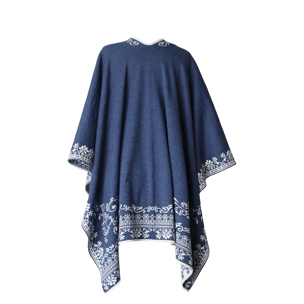 PFLknitwear.com Alpaca wrap reversible, jacquard knitted ruana with hand embroidered details, color white - blue Made in Peru