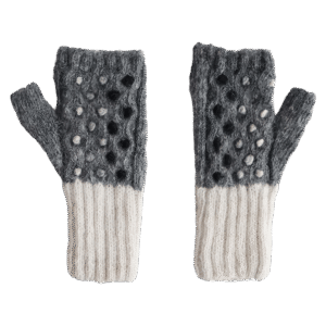 PFLknitwear.com Fingerless gloves, wrist warmers, cozy alpaca elegance, Natural colors gray - white made in Peru